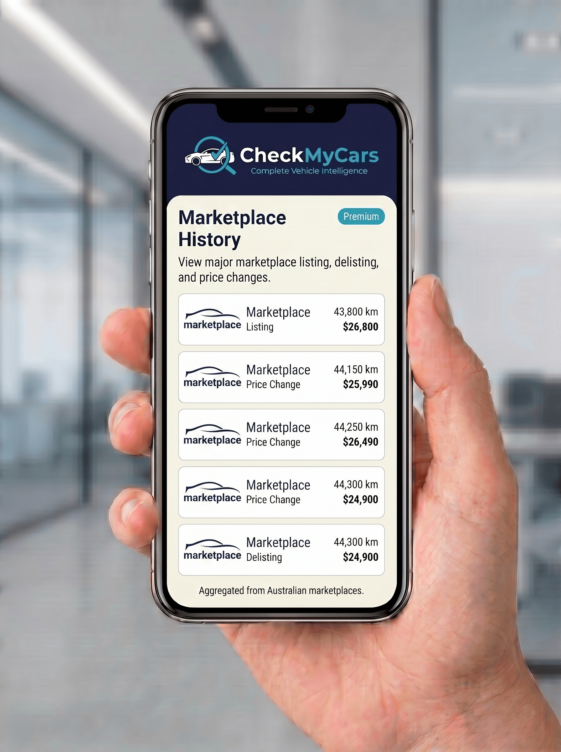 Premium marketplace listing history with price changes and delisting across Australian classifieds